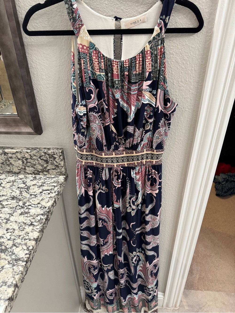 GILLI Navy Pink Paisley Boho Maxi Dress Made in USA Size M